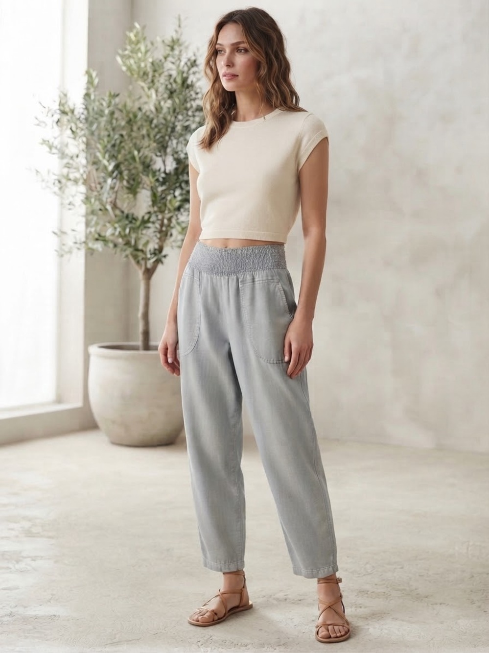 Anthropologie Pilcro Reese Smocked Pull On Barrel Leg Pants Size LT